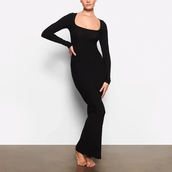 SKIMS | Dresses | Nwt Skims Soft Lounge Long Sleeve Dress Square Neck  Bodycon Maxi Onyx Size Small | Poshmark